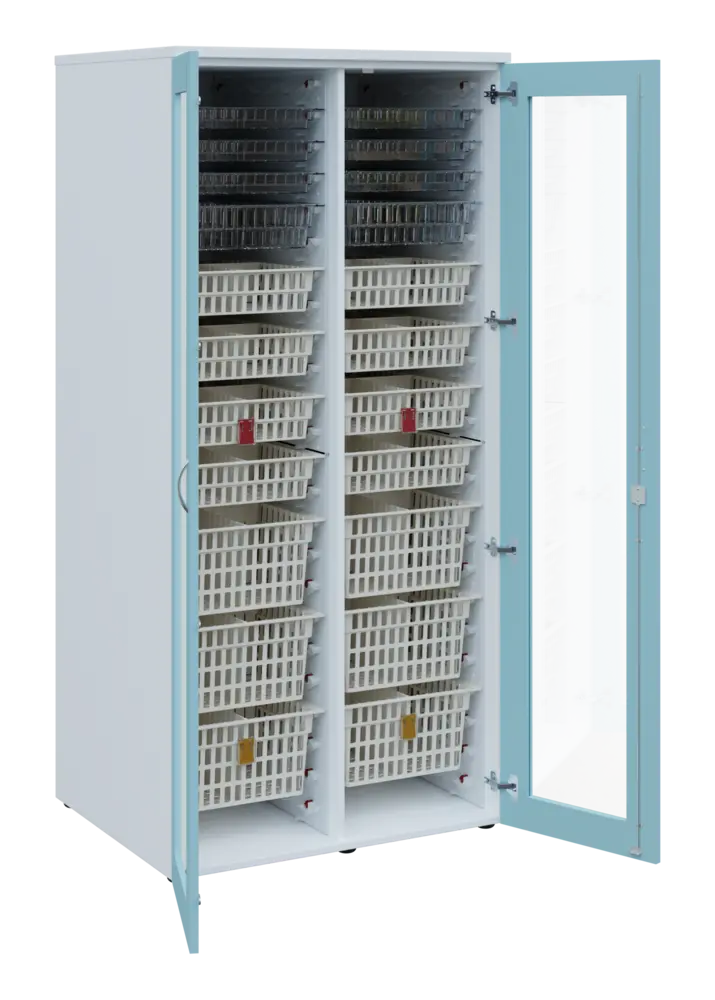 EUROMEDICA S - 90 skříň léková boxová, 2-dveřová/prosklená, 1950x900x735, korpus bílý, dvířka obloha